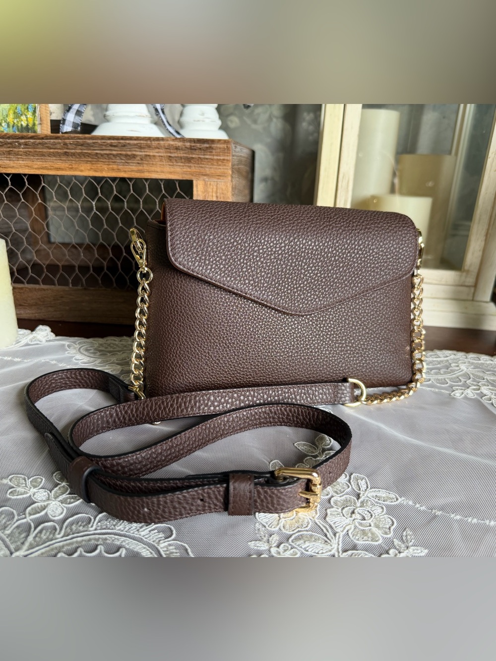 PEGAI Shrunken Calf Cafe Togo Leather Helen Crossbody Purse Bag